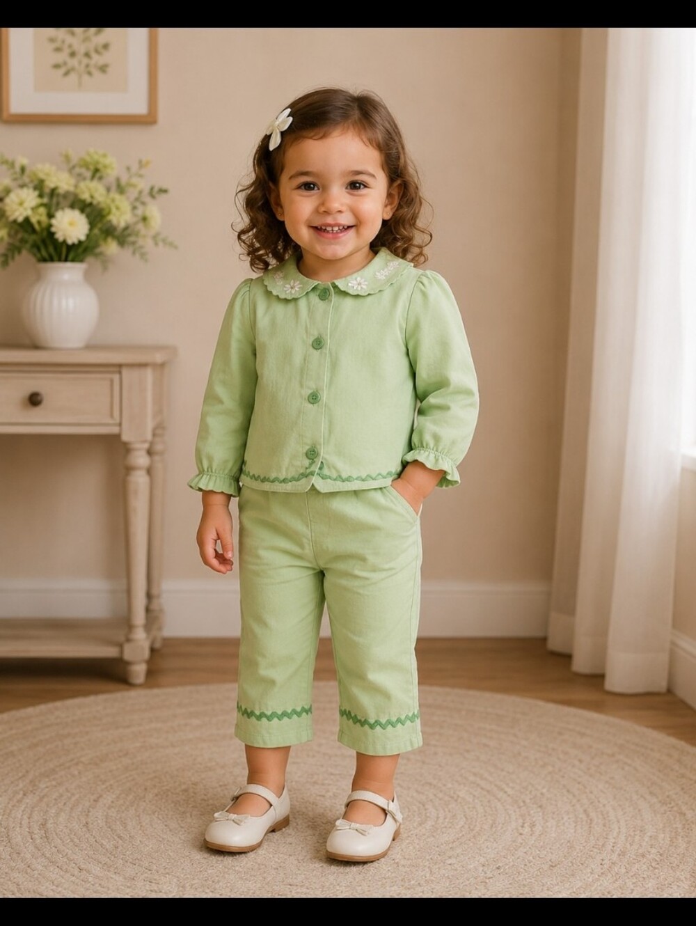 Vintage Small  Girls Green Pant and Button Up Top Floral Embellished Details
